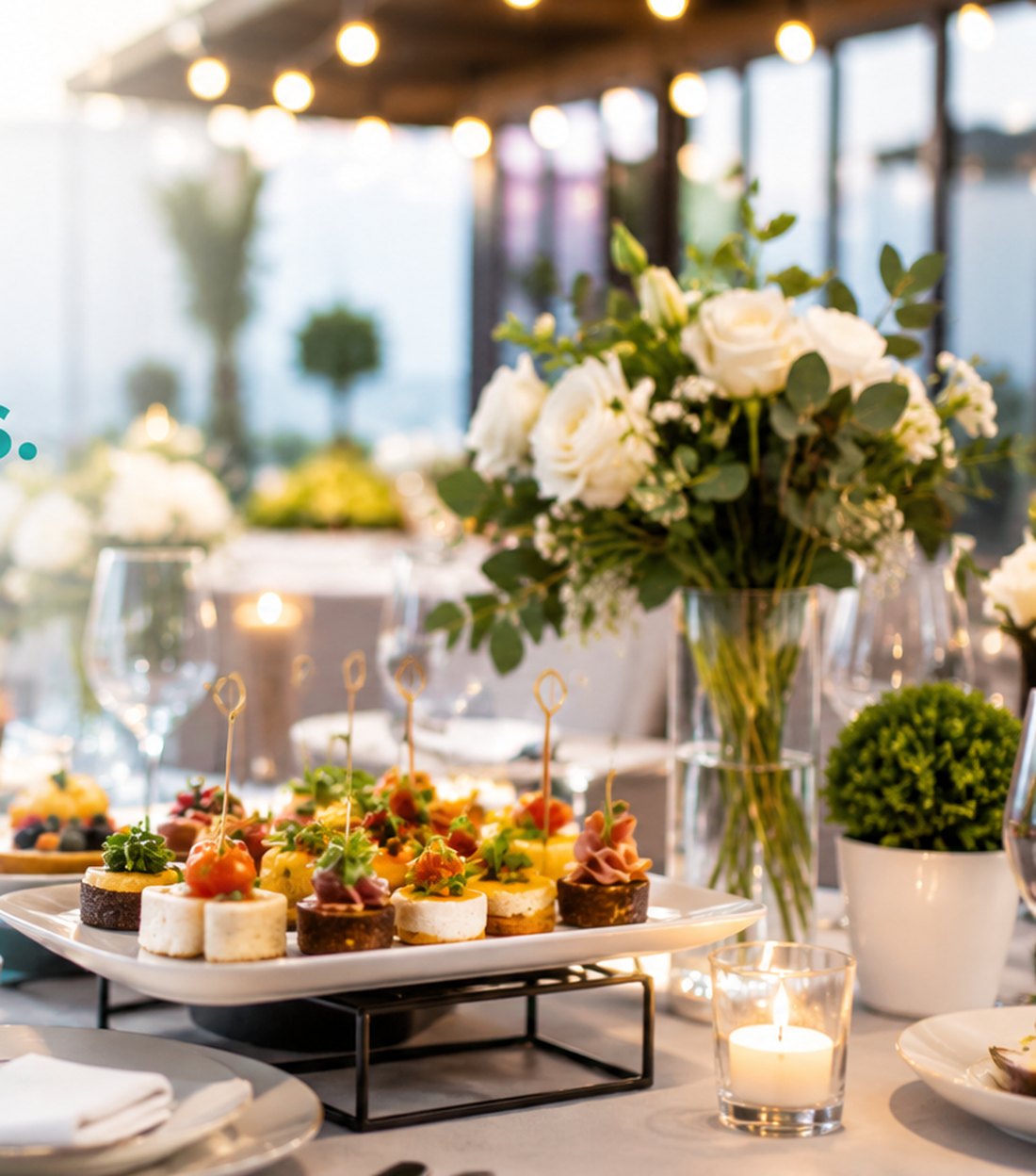 Elegant catered event table with gourmet canapés and floral centerpiece